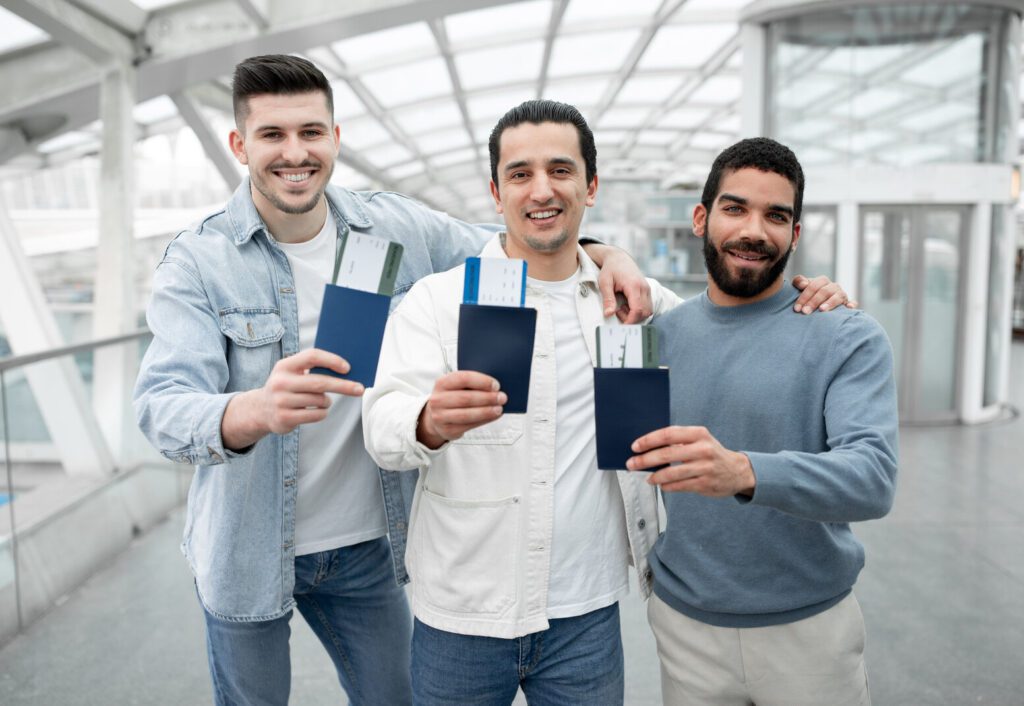 Travelers Guys Hugging Showing Boarding Passes In Modern Airport